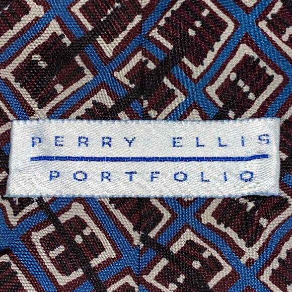 Vtg Perry Ellis Portfolio Necktie Brown Blue Geometric USA Italian Silk 58 x 4 - Picture 4 of 8